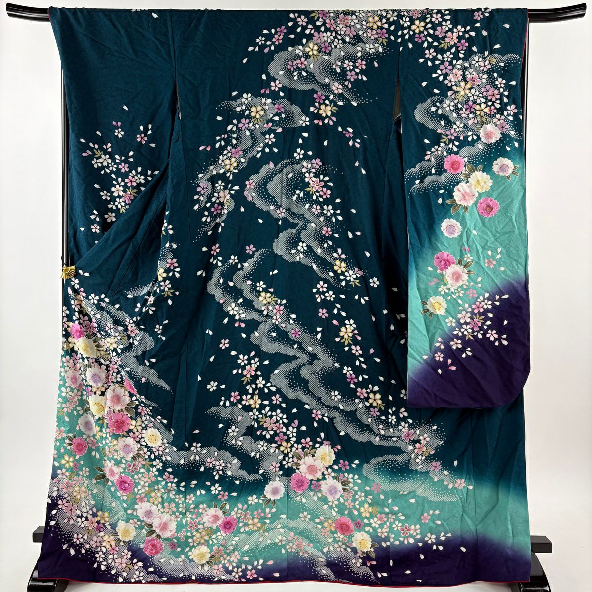 振袖禮服 身長172.5cm 袖長68cm L 雙層 櫻花 雲紋 金金箔 金銀彩 深綠 純蠶絲 名品級