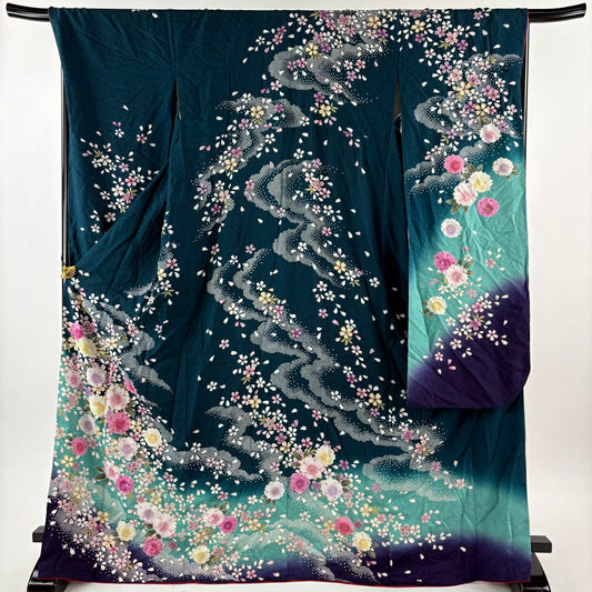 振袖禮服 身長172.5cm 袖長68cm L 雙層 櫻花 雲紋 金金箔 金銀彩 深綠 純蠶絲 名品級