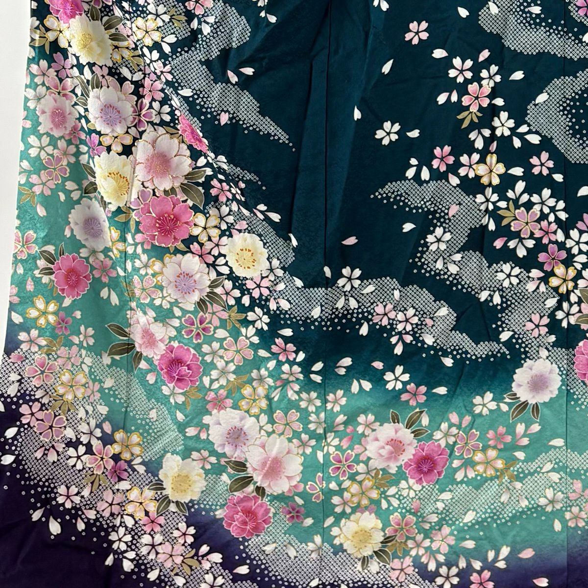 振袖禮服 身長172.5cm 袖長68cm L 雙層 櫻花 雲紋 金金箔 金銀彩 深綠 純蠶絲 名品級
