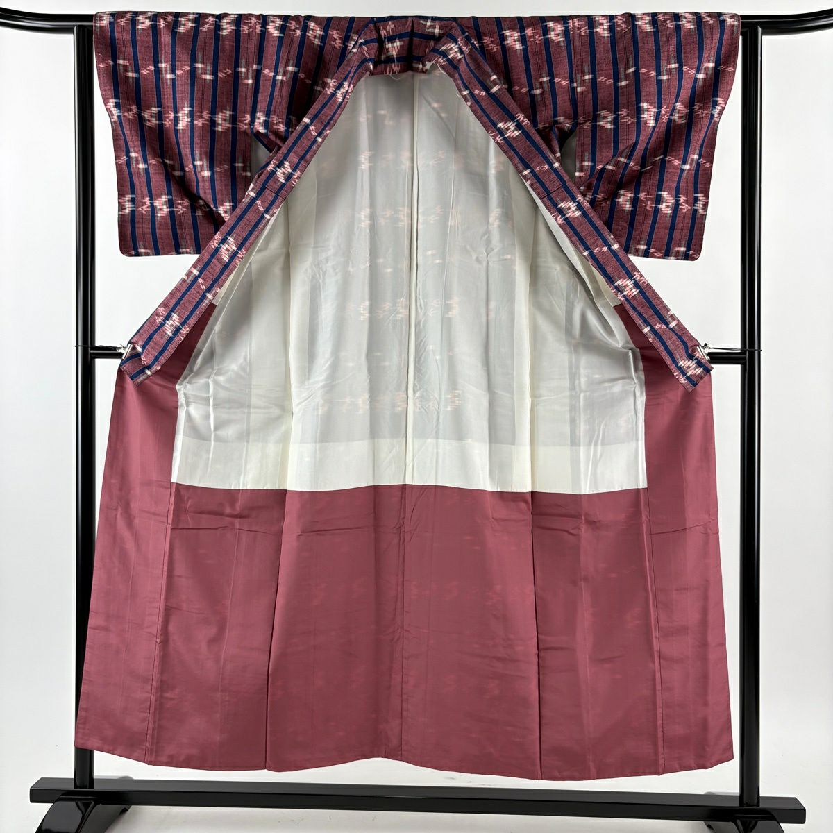 【美品】 紬織 身長153cm 袖長61.5cm S 雙層 縱條 燕 紅紫 純蠶絲 名品級