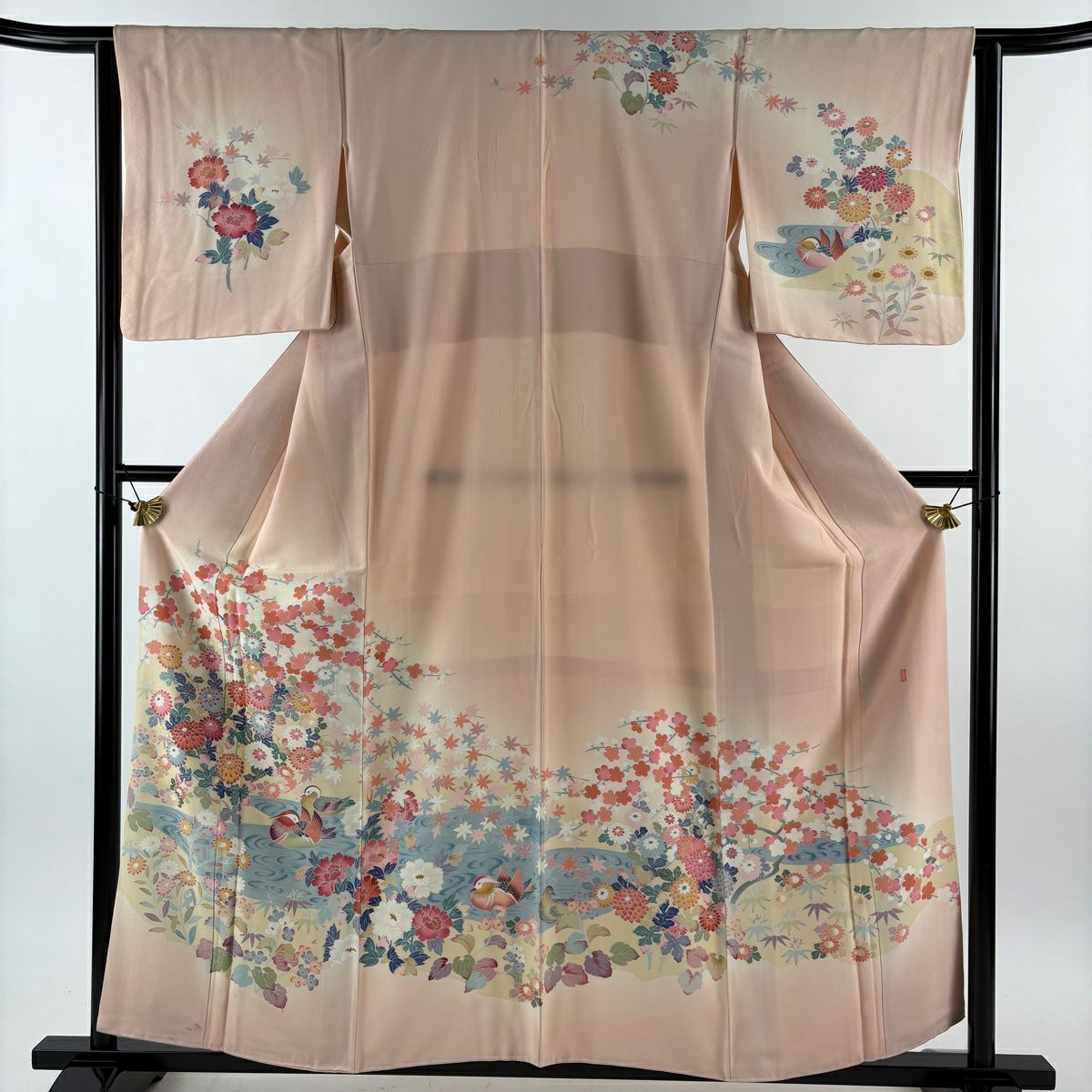 訪問服 身長158.5cm 袖長63cm S 雙層 落款あり 菊花 鴛鴦 染分 ぼかし 淺粉色 純蠶絲 名品級 一つ紋