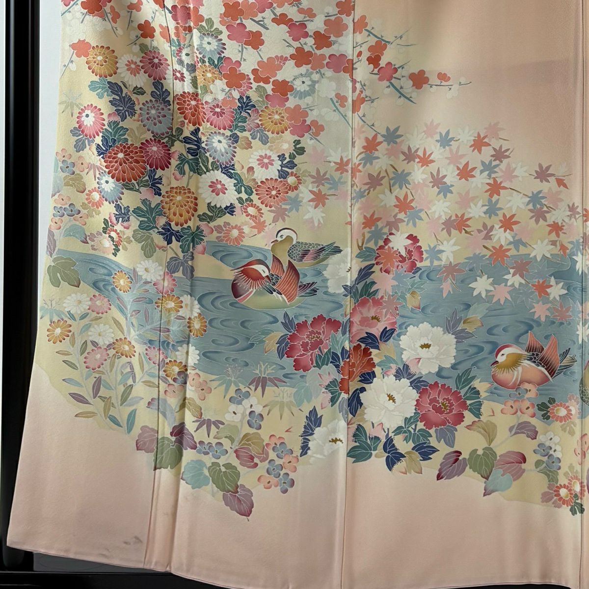訪問服 身長158.5cm 袖長63cm S 雙層 落款あり 菊花 鴛鴦 染分 ぼかし 淺粉色 純蠶絲 名品級 一つ紋