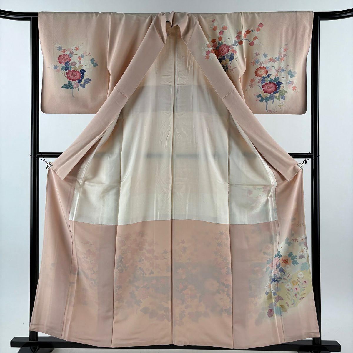 訪問服 身長158.5cm 袖長63cm S 雙層 落款あり 菊花 鴛鴦 染分 ぼかし 淺粉色 純蠶絲 名品級 一つ紋