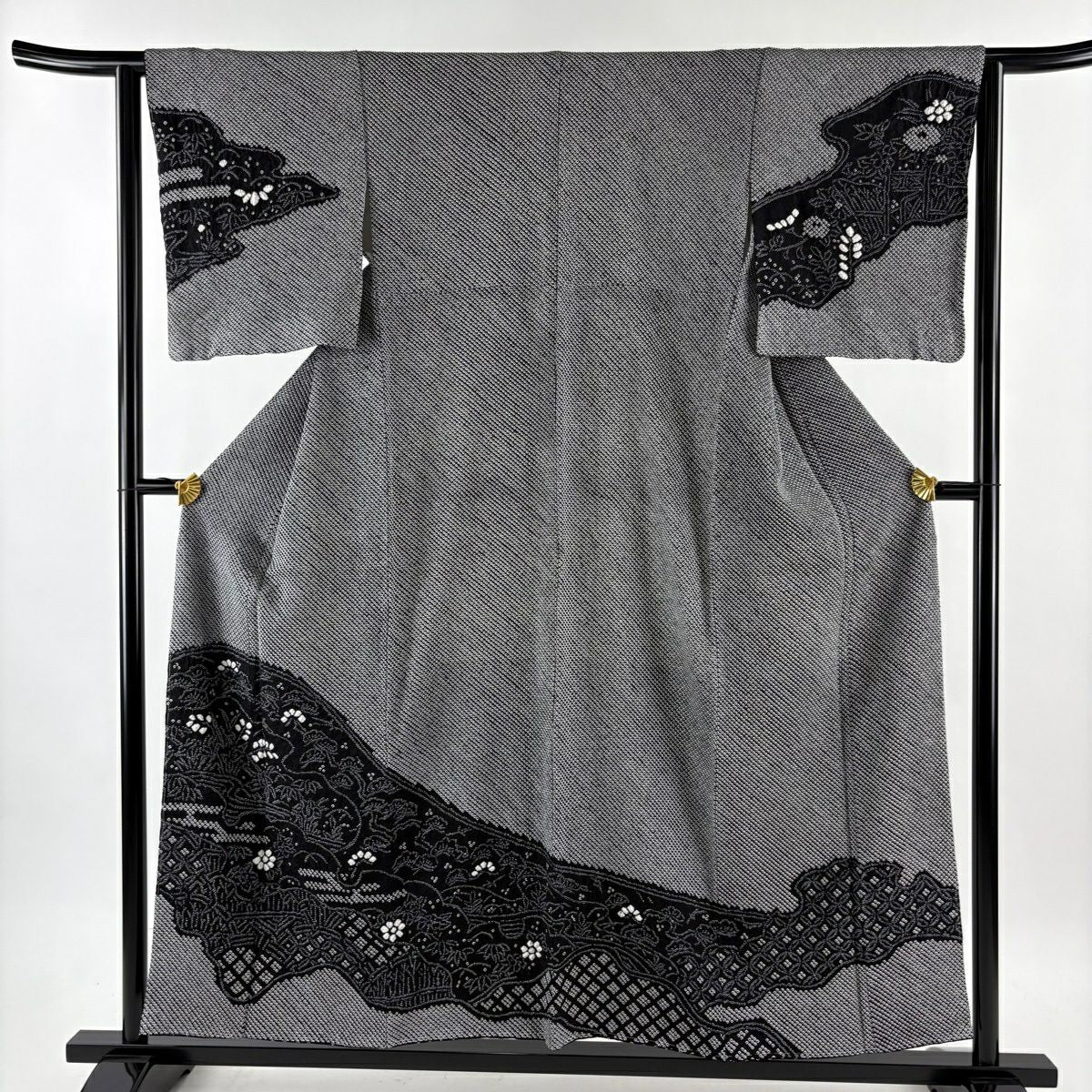 【美品】訪問服 身長155.5cm 袖長61.5cm S 雙層 松樹 草花紋紋 絞染 黑 純蠶絲 名品級