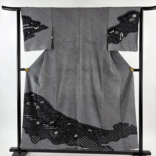 【美品】訪問服 身長155.5cm 袖長61.5cm S 雙層 松樹 草花紋紋 絞染 黑 純蠶絲 名品級