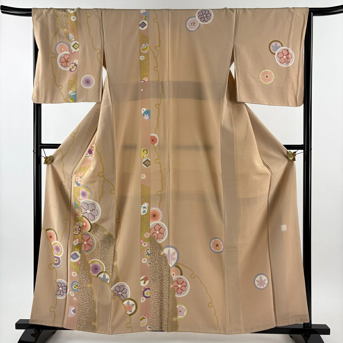 付下 身長160.5cm 袖長66cm M 雙層 落款有 雪輪 菊花 金絲 金銀彩 米色 純蠶絲 名品級