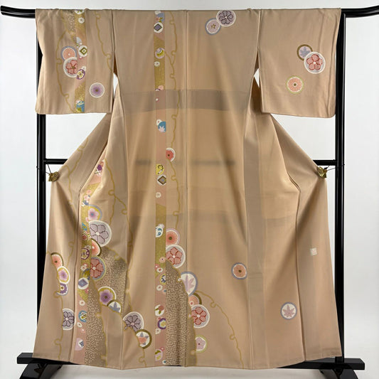 付下 身長160.5cm 袖長66cm M 雙層 落款有 雪輪 菊花 金絲 金銀彩 米色 純蠶絲 名品級