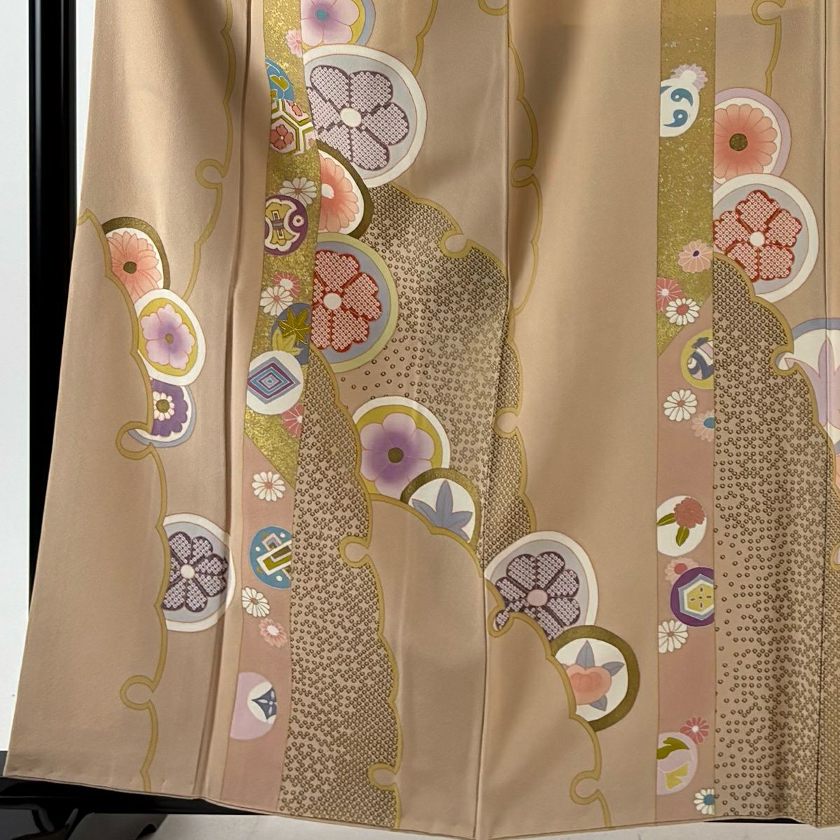 付下 身長160.5cm 袖長66cm M 雙層 落款有 雪輪 菊花 金絲 金銀彩 米色 純蠶絲 名品級