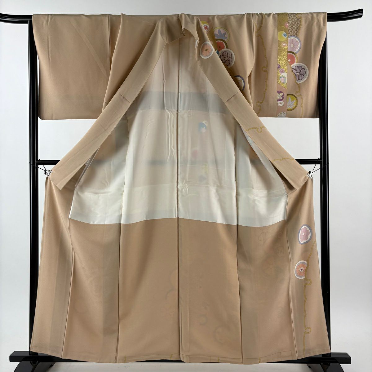付下 身長160.5cm 袖長66cm M 雙層 落款有 雪輪 菊花 金絲 金銀彩 米色 純蠶絲 名品級
