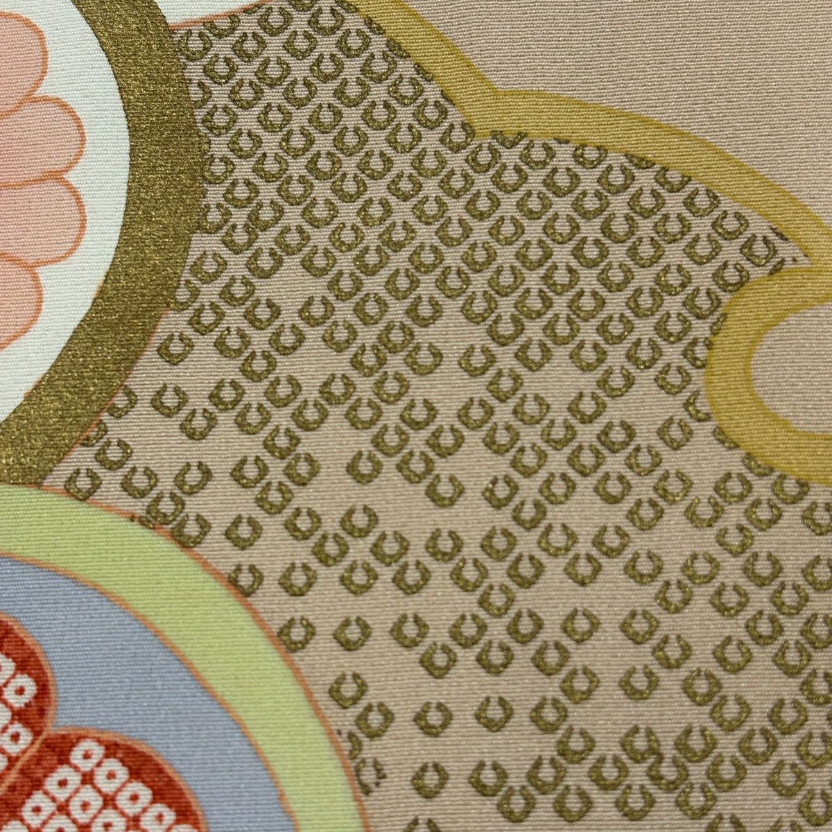 付下 身長160.5cm 袖長66cm M 雙層 落款有 雪輪 菊花 金絲 金銀彩 米色 純蠶絲 名品級