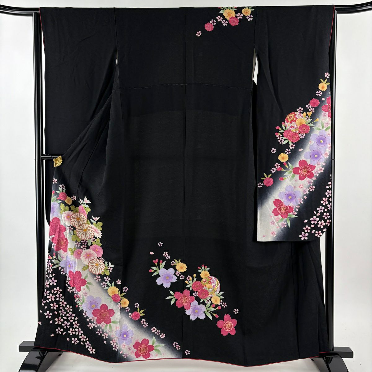 振袖禮服 身長161cm 袖長64cm M 雙層 鈴乃屋 菊花 櫻花 金銀彩 漸層 黑 純蠶絲 名品級