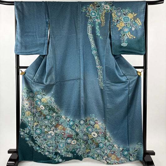 訪問服 身長168cm 袖長66.5cm M 雙層 辻花染 金彩裝飾 漸層 青灰 純蠶絲 名品級