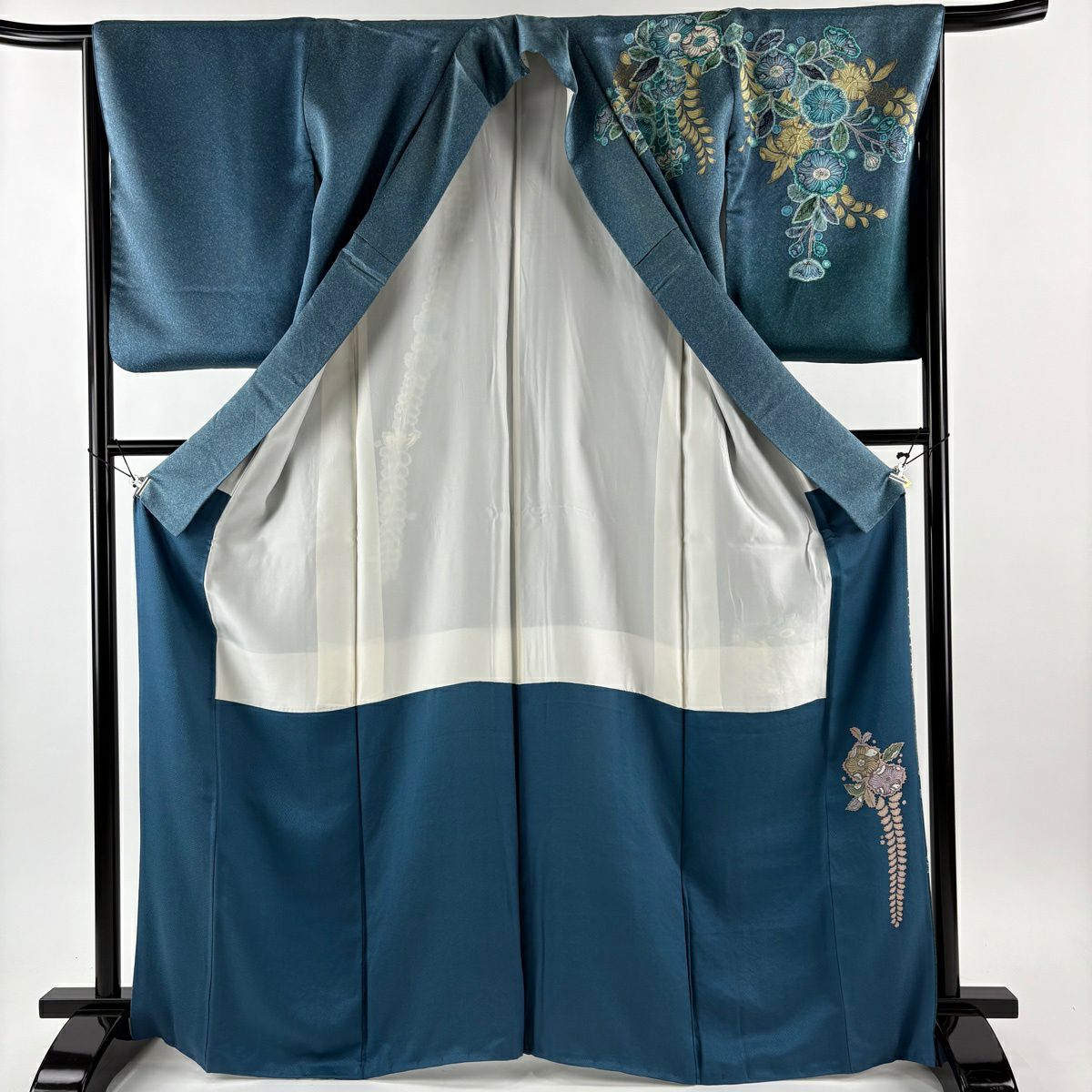 訪問服 身長168cm 袖長66.5cm M 雙層 辻花染 金彩裝飾 漸層 青灰 純蠶絲 名品級