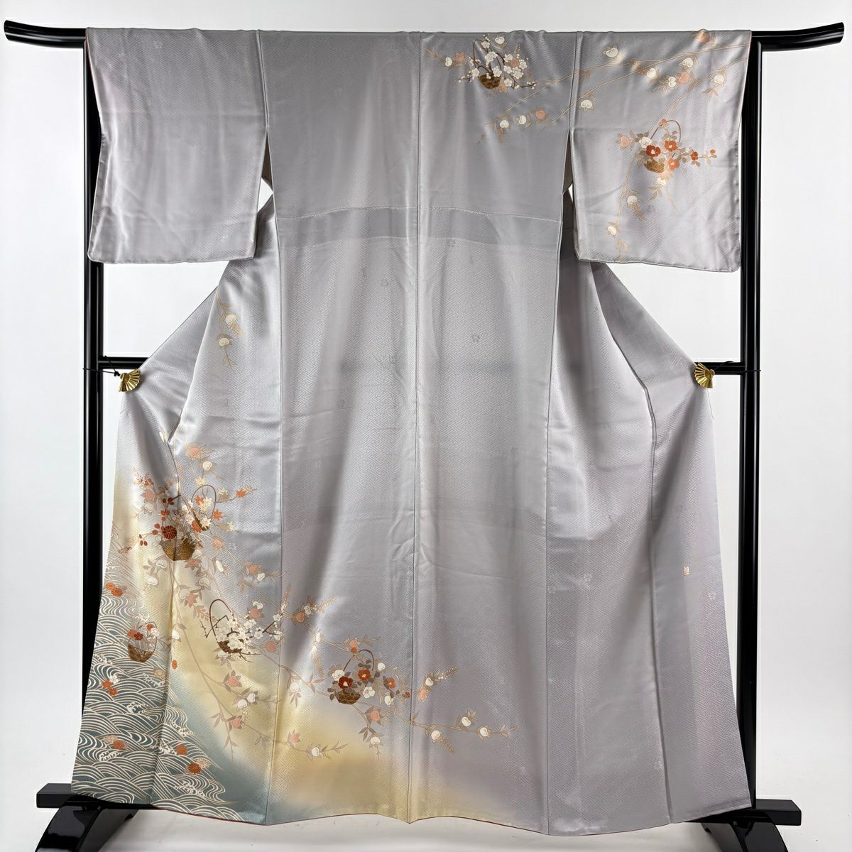 訪問服 身長161cm 袖長65cm M 雙層 吾妻德穗 落款 花籠 橘 金銀彩 刺繡 灰 純蠶絲 名品級