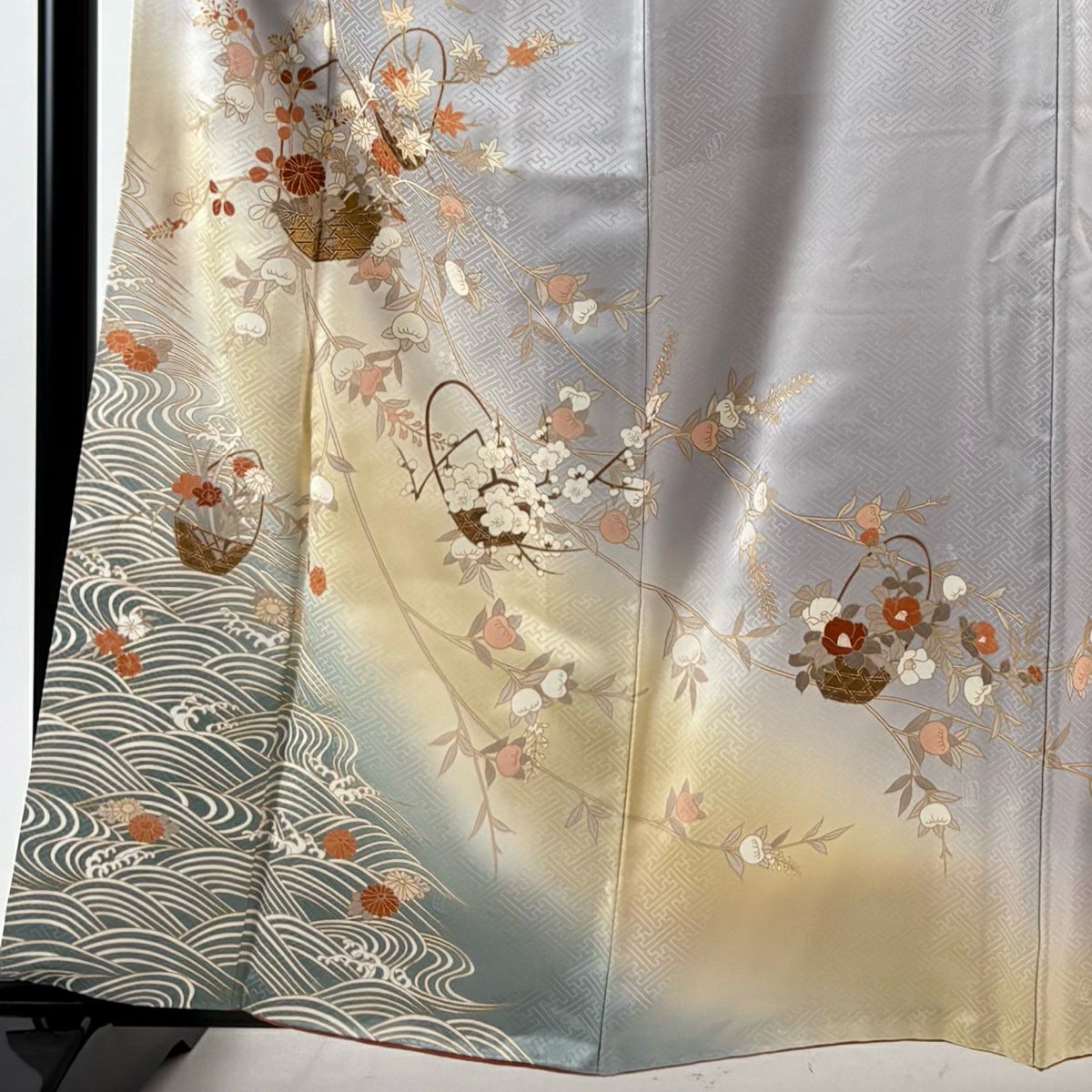 訪問服 身長161cm 袖長65cm M 雙層 吾妻德穗 落款 花籠 橘 金銀彩 刺繡 灰 純蠶絲 名品級