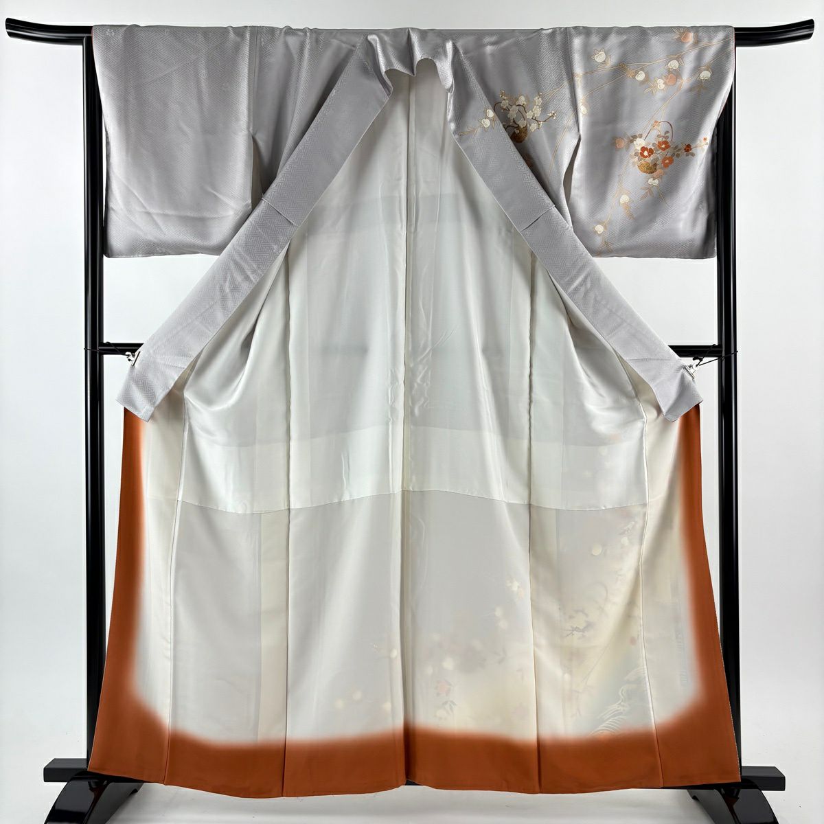 訪問服 身長161cm 袖長65cm M 雙層 吾妻德穗 落款 花籠 橘 金銀彩 刺繡 灰 純蠶絲 名品級