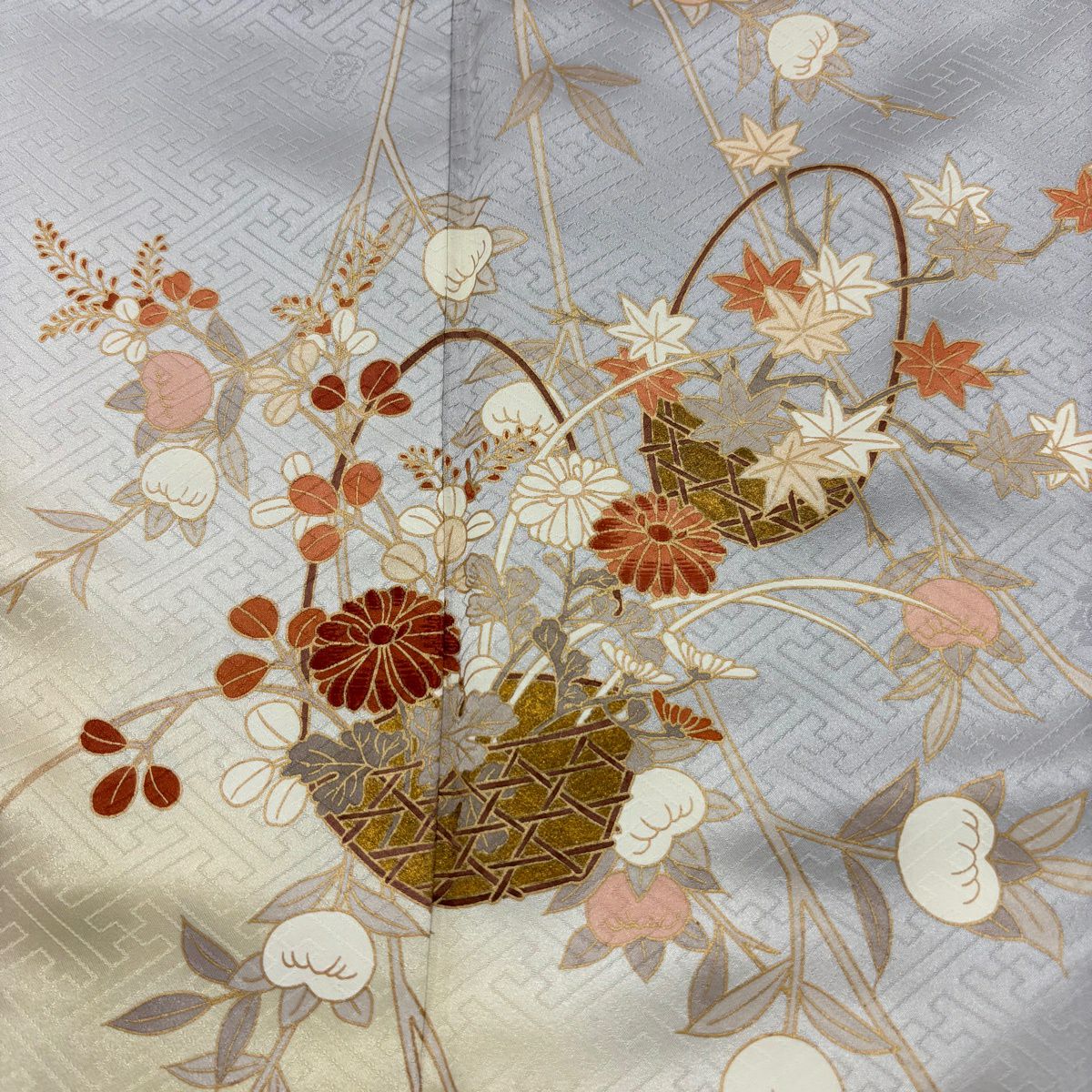 訪問服 身長161cm 袖長65cm M 雙層 吾妻德穗 落款 花籠 橘 金銀彩 刺繡 灰 純蠶絲 名品級