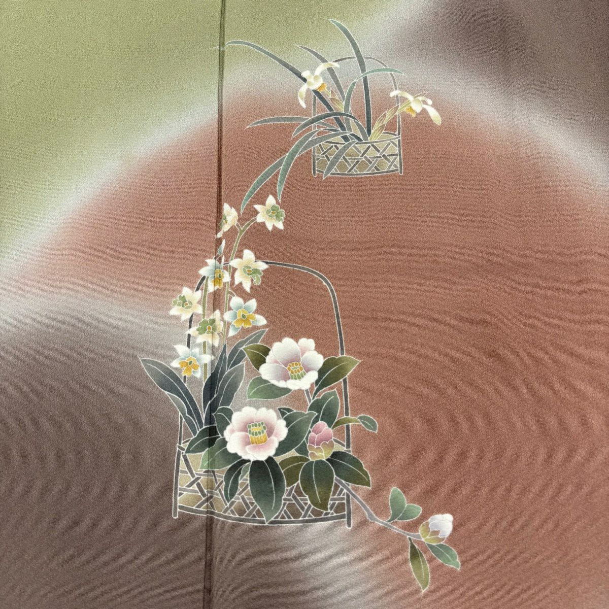 付下 身長156cm 袖長65.5cm M 雙層 遠田藤舟 有落款 花籠 幾何圖案 漸變 紅紫 純蠶絲 名品級