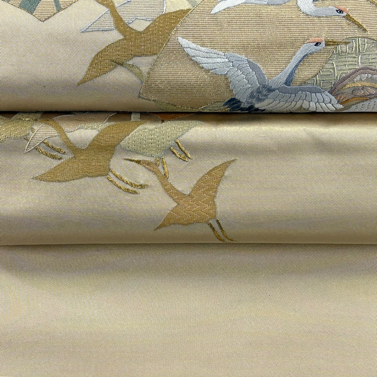 【美品】袋帶 逸品級 附落款 蒋雪英 仙鶴 松樹竹子梅花 刺繡 金絲 金色 大鼓圖案 純蠶絲
