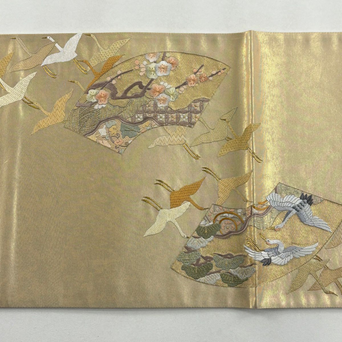 【美品】袋帶 逸品級 附落款 蒋雪英 仙鶴 松樹竹子梅花 刺繡 金絲 金色 大鼓圖案 純蠶絲