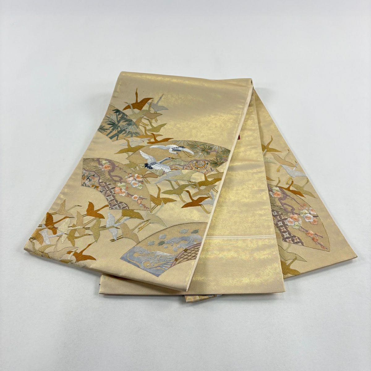 【美品】袋帶 逸品級 附落款 蒋雪英 仙鶴 松樹竹子梅花 刺繡 金絲 金色 大鼓圖案 純蠶絲
