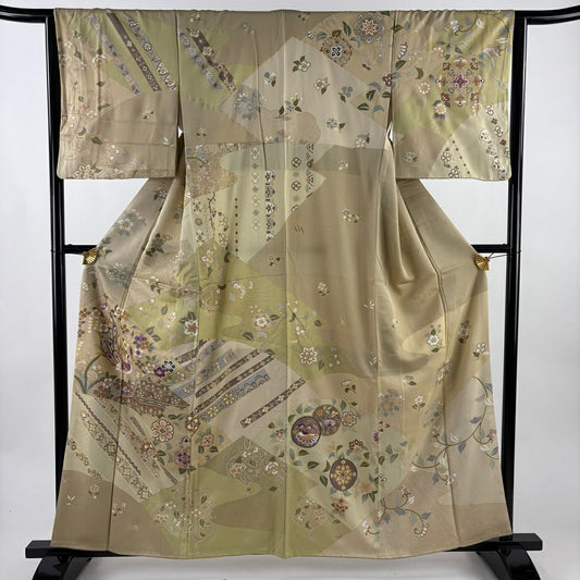 訪問服 身長159.5cm 袖長63.5cm S 雙層 孔雀 草花紋紋 刺繡 金糸 灰茶 純蠶絲 秀品級