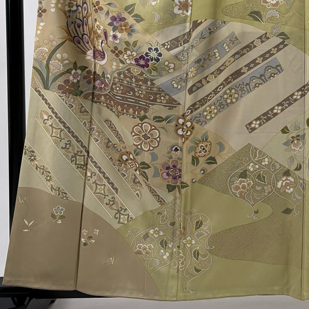 訪問服 身長159.5cm 袖長63.5cm S 雙層 孔雀 草花紋紋 刺繡 金糸 灰茶 純蠶絲 秀品級