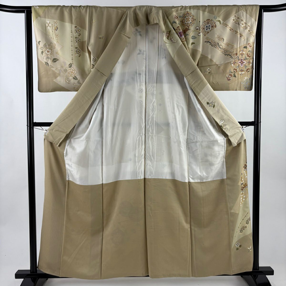 訪問服 身長159.5cm 袖長63.5cm S 雙層 孔雀 草花紋紋 刺繡 金糸 灰茶 純蠶絲 秀品級
