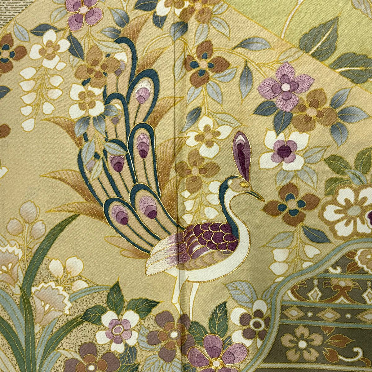 訪問服 身長159.5cm 袖長63.5cm S 雙層 孔雀 草花紋紋 刺繡 金糸 灰茶 純蠶絲 秀品級
