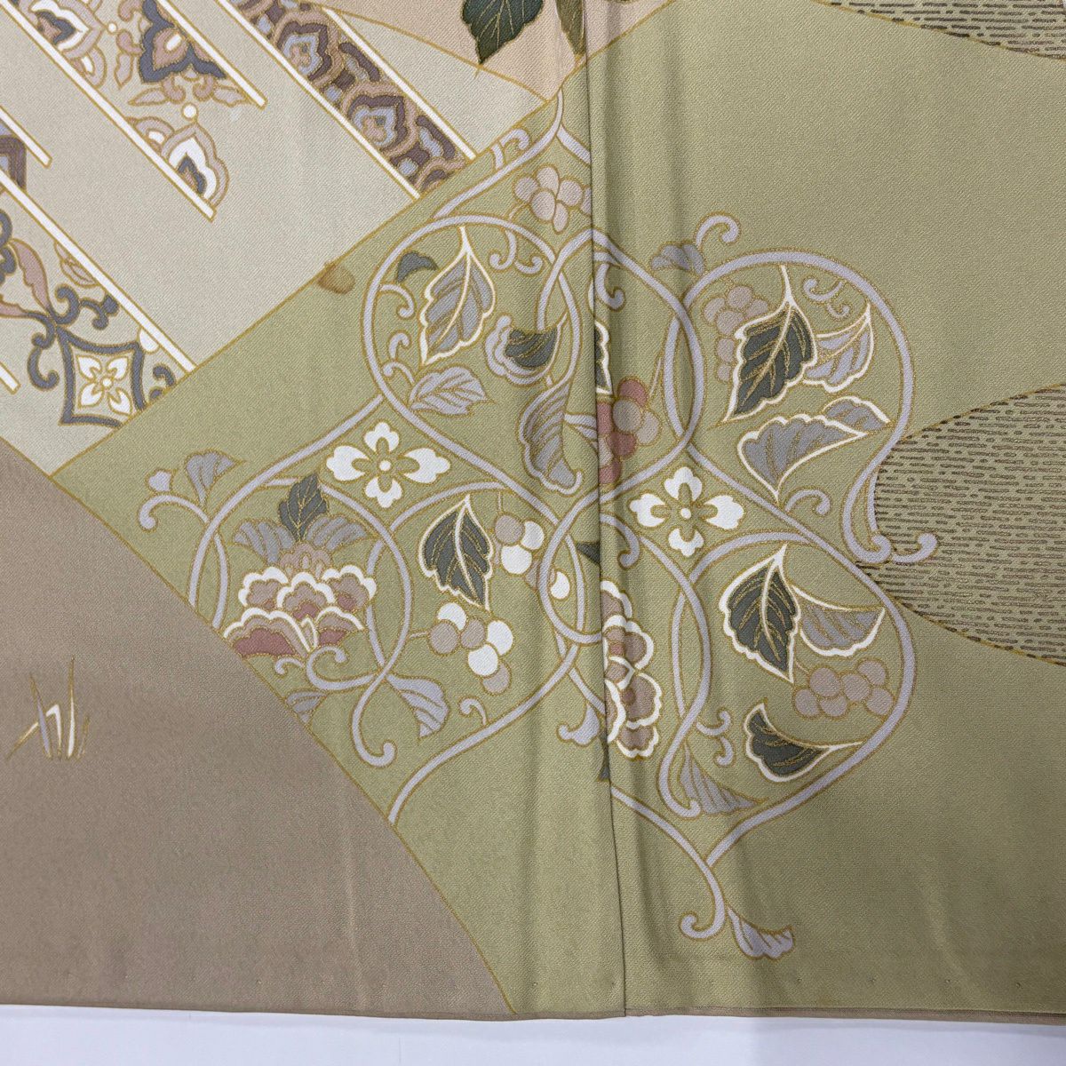 訪問服 身長159.5cm 袖長63.5cm S 雙層 孔雀 草花紋紋 刺繡 金糸 灰茶 純蠶絲 秀品級
