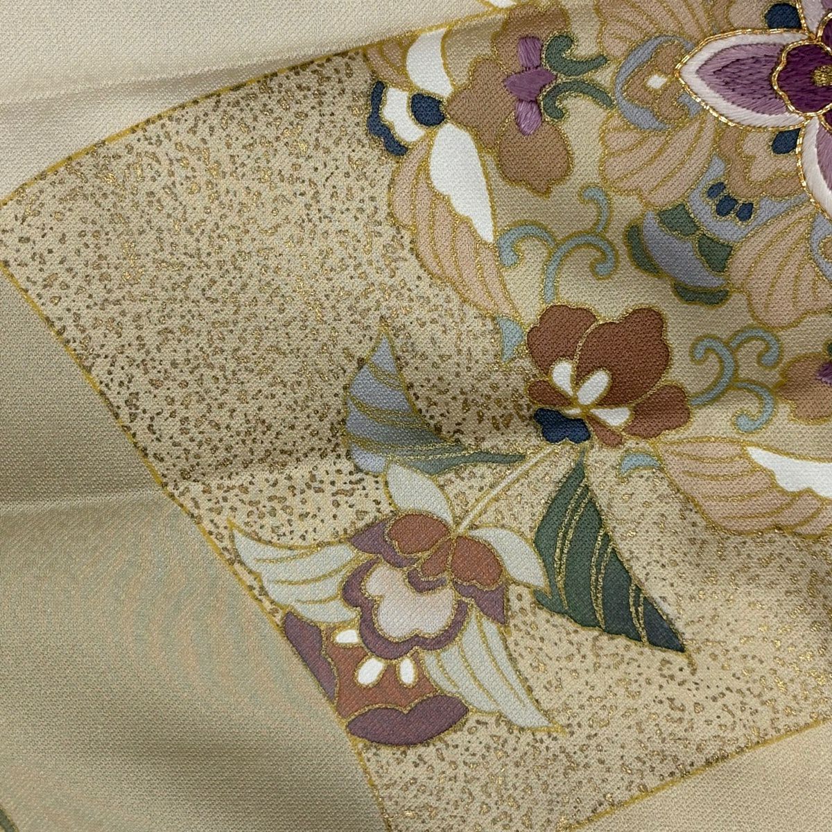訪問服 身長159.5cm 袖長63.5cm S 雙層 孔雀 草花紋紋 刺繡 金糸 灰茶 純蠶絲 秀品級