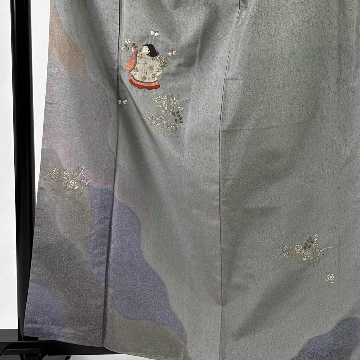 【美品】 付下 身長162.5cm 袖長62.5cm S 雙層 紬織織 童 草花紋刺繡 銀線 灰綠 純蠶絲 秀品級