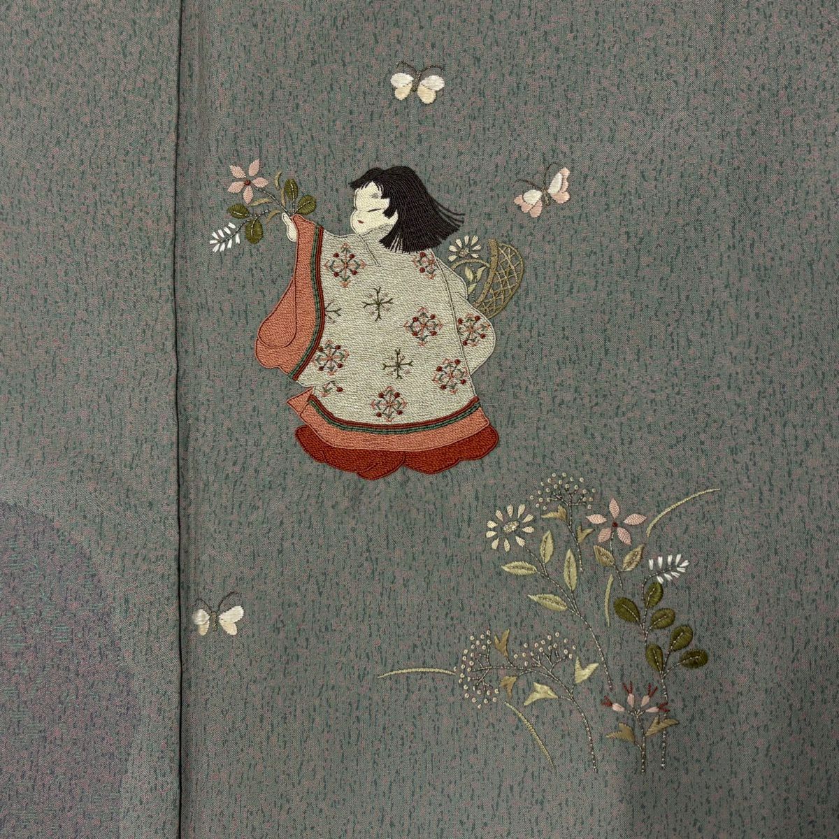 【美品】 付下 身長162.5cm 袖長62.5cm S 雙層 紬織織 童 草花紋刺繡 銀線 灰綠 純蠶絲 秀品級