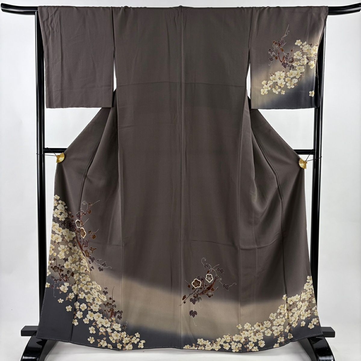 付下 身長164.5cm 袖長66cm M 雙層 枝梅花 草花紋紋 金彩裝飾 漸變 焦茶 純蠶絲 優品級