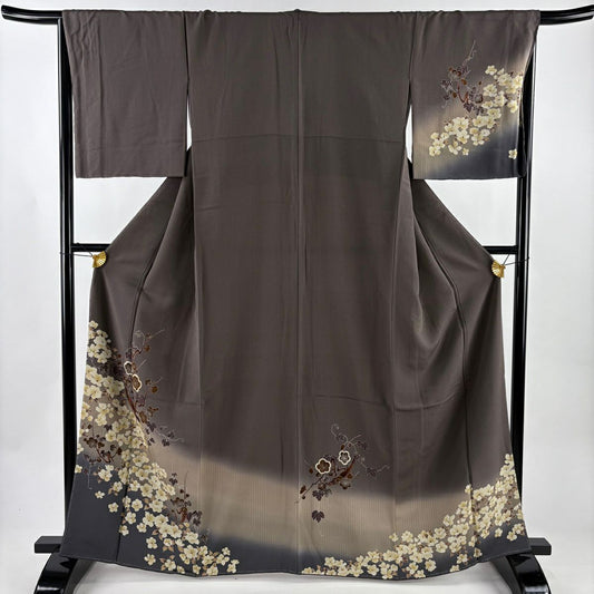 付下 身長164.5cm 袖長66cm M 雙層 枝梅花 草花紋紋 金彩裝飾 漸變 焦茶 純蠶絲 優品級
