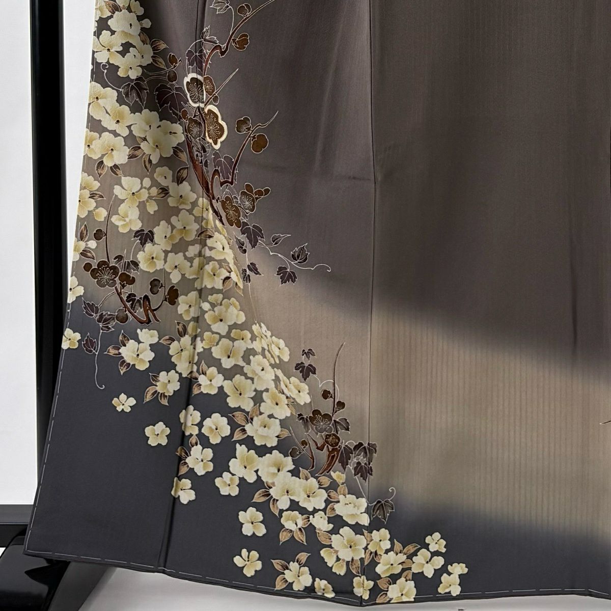 付下 身長164.5cm 袖長66cm M 雙層 枝梅花 草花紋紋 金彩裝飾 漸變 焦茶 純蠶絲 優品級
