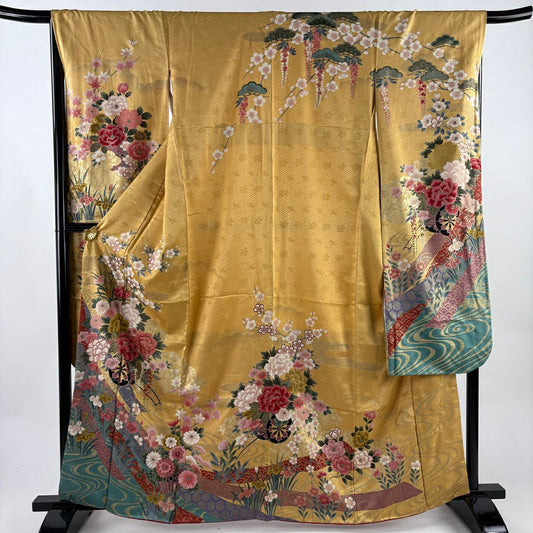 振袖禮服 身長162.5cm 袖長67cm M 雙層 花車 金銀彩 染分 山吹 純蠶絲 秀品級
