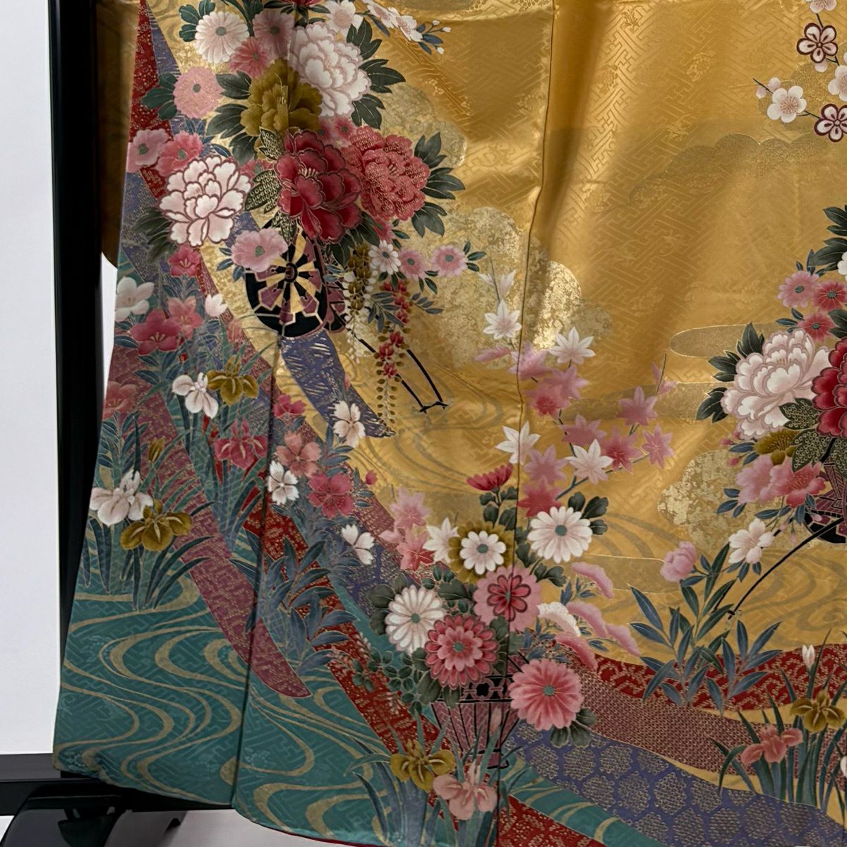 振袖禮服 身長162.5cm 袖長67cm M 雙層 花車 金銀彩 染分 山吹 純蠶絲 秀品級