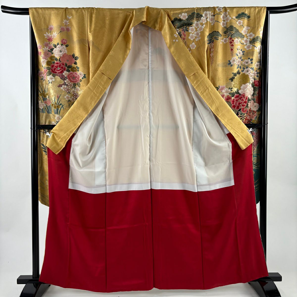 振袖禮服 身長162.5cm 袖長67cm M 雙層 花車 金銀彩 染分 山吹 純蠶絲 秀品級