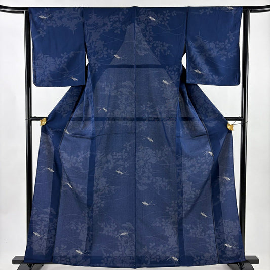 【美品】 小紋 身長161cm 袖長63cm S 薄物 夏紬織織 蝗蟲 秋草 金銀彩 深藍 純蠶絲 秀品級