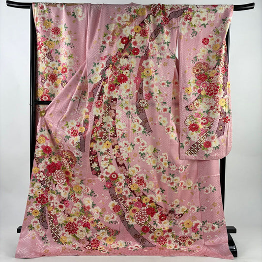 振袖禮服 身長179.5cm 袖長72cm L 雙層 草花紋紋 雪輪 金銀彩 粉紅 純蠶絲 名品級
