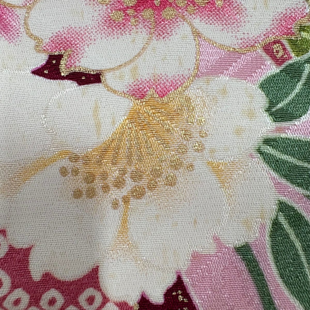 振袖禮服 身長179.5cm 袖長72cm L 雙層 草花紋紋 雪輪 金銀彩 粉紅 純蠶絲 名品級