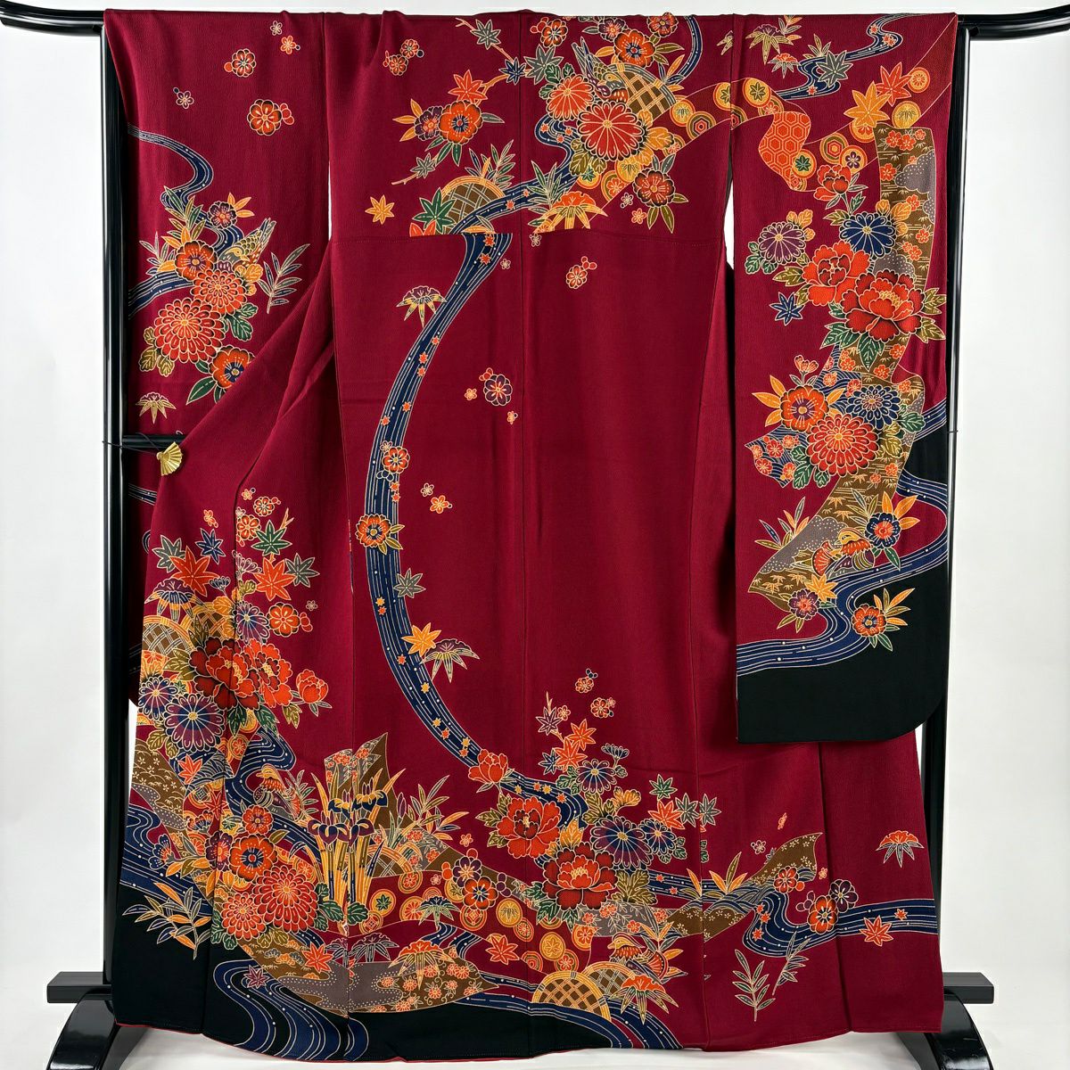 振袖禮服 身長163cm 袖長67.5cm L 雙層 草花紋紋 鴛鴦 絞染 深紅 純蠶絲 名品級