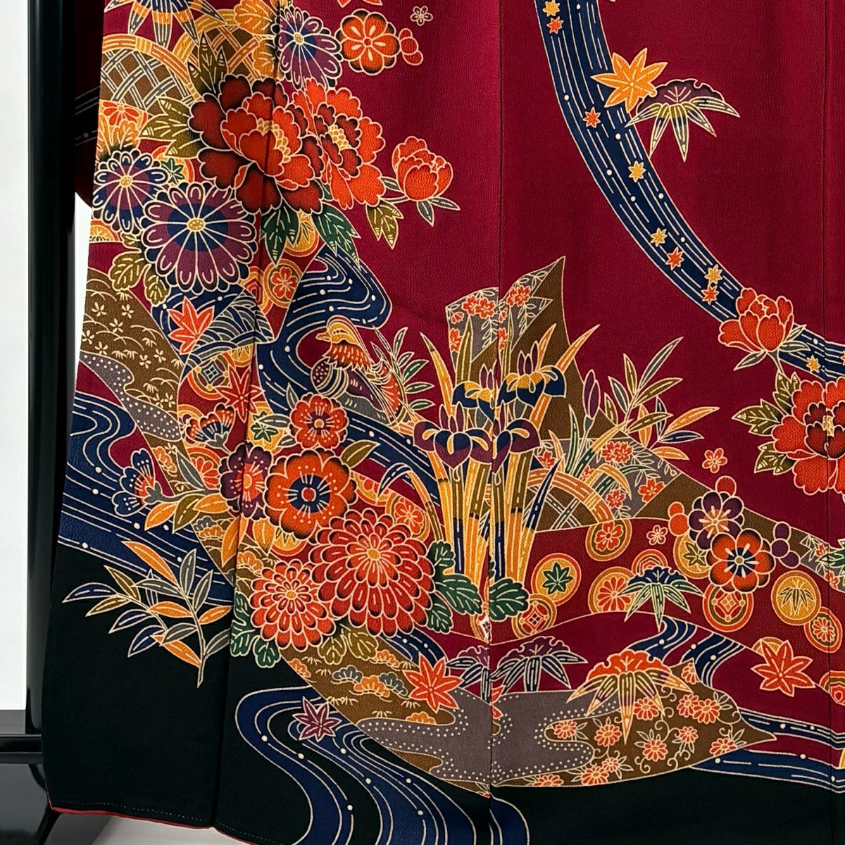 振袖禮服 身長163cm 袖長67.5cm L 雙層 草花紋紋 鴛鴦 絞染 深紅 純蠶絲 名品級