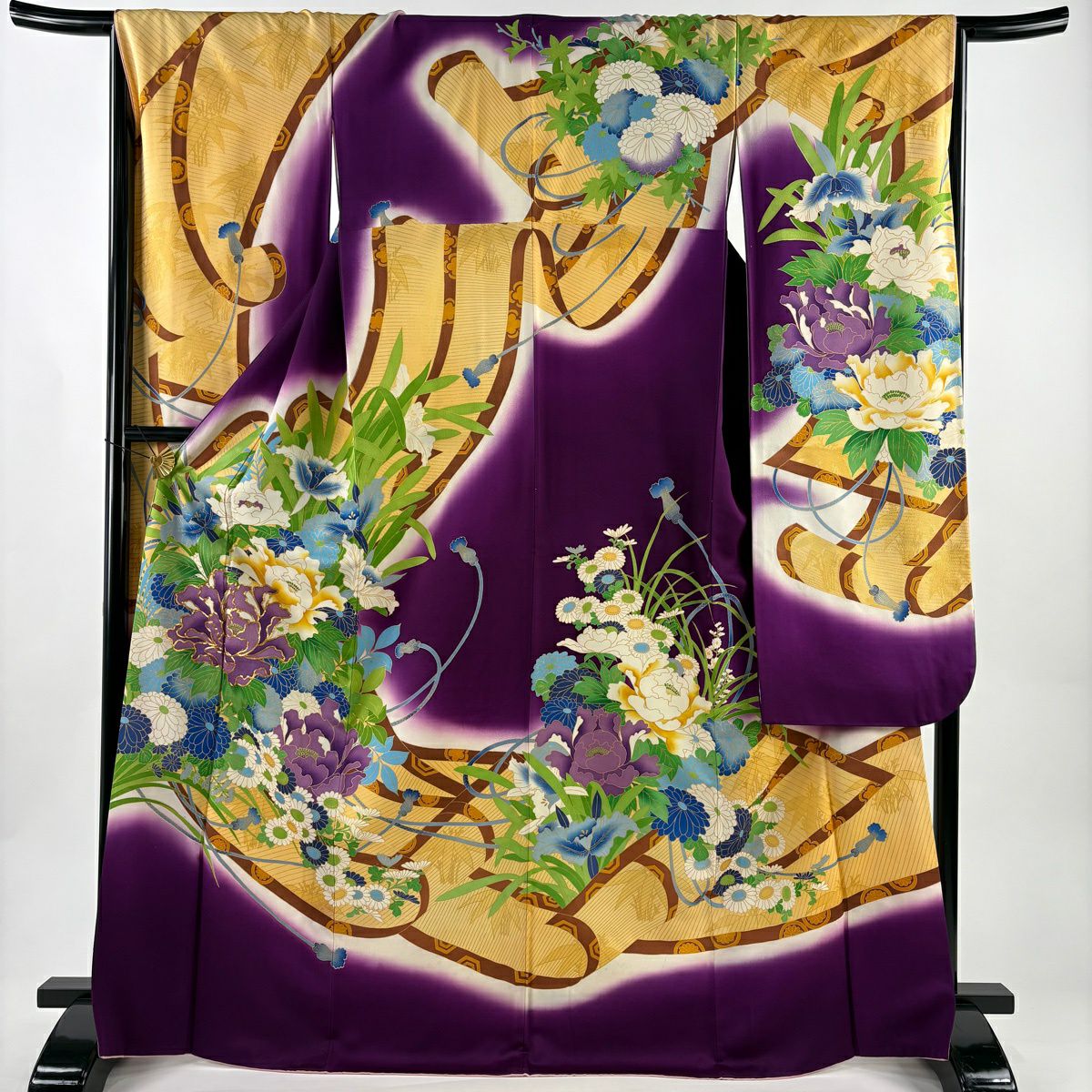 振袖禮服 身長170cm 袖長66cm M 雙層 牡丹 菊花 金絲 金銀彩 深紫 純蠶絲 名品級