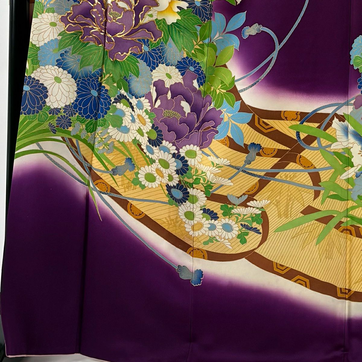 振袖禮服 身長170cm 袖長66cm M 雙層 牡丹 菊花 金絲 金銀彩 深紫 純蠶絲 名品級