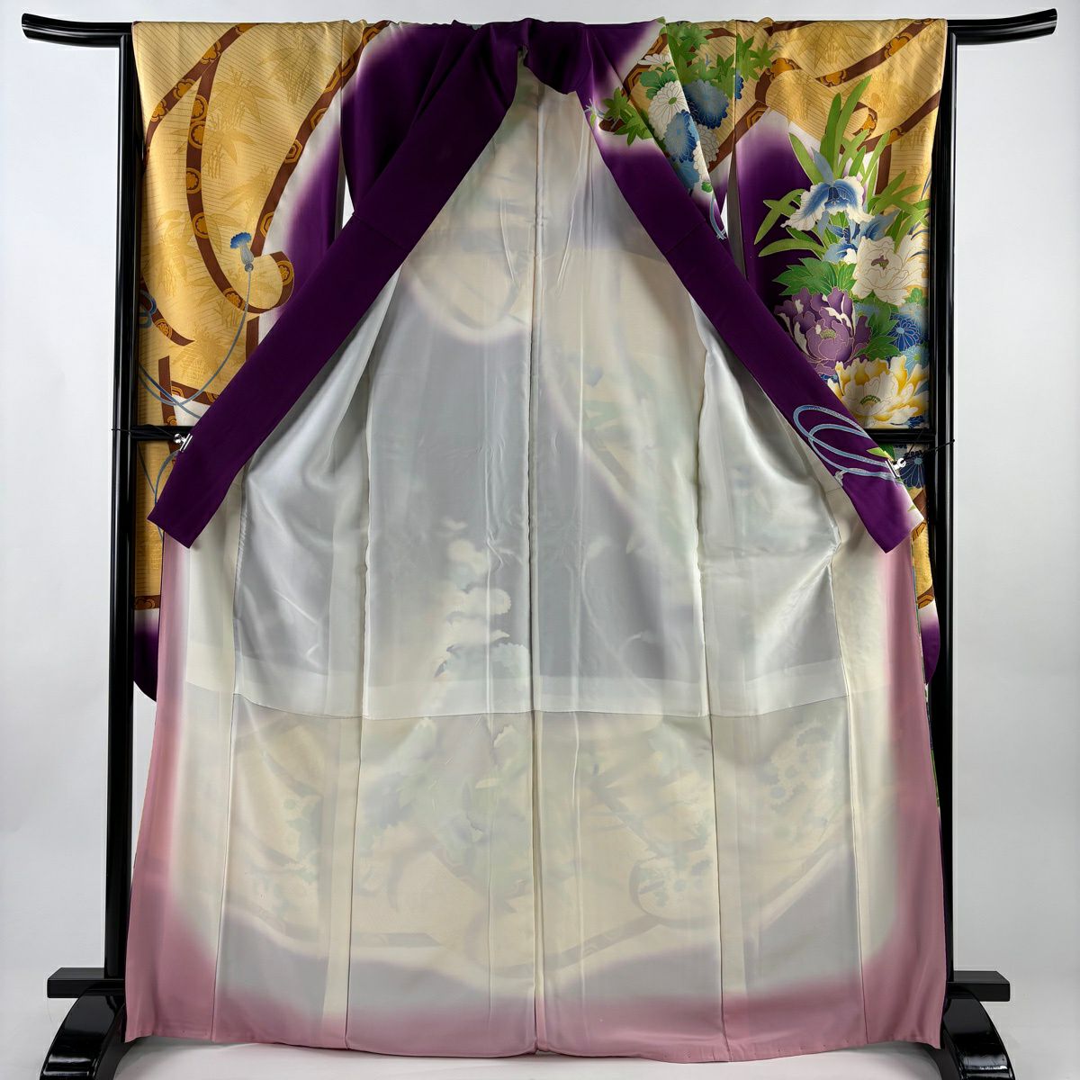 振袖禮服 身長170cm 袖長66cm M 雙層 牡丹 菊花 金絲 金銀彩 深紫 純蠶絲 名品級