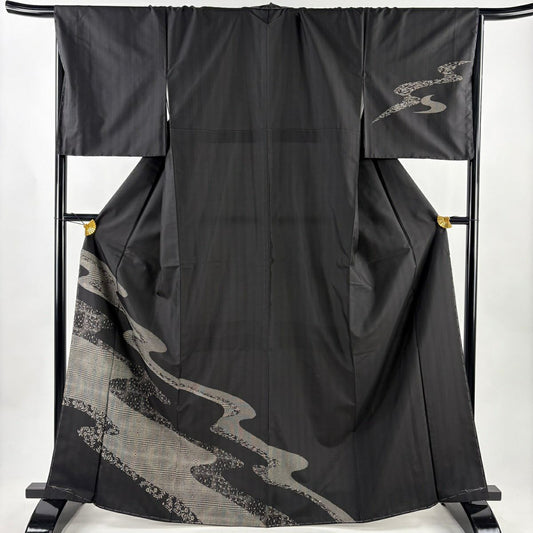 【美品】訪問服 身長166.5cm 袖長68cm L 雙層 紬織織 霞 枝花 墨 黑 純蠶絲 名品級