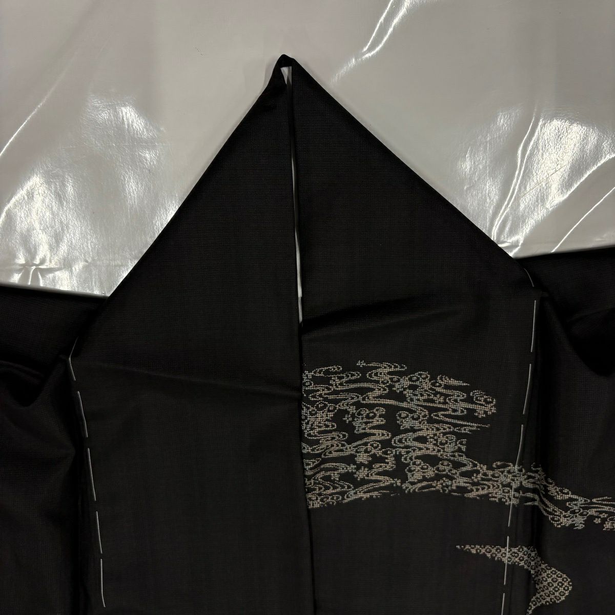 【美品】訪問服 身長166.5cm 袖長68cm L 雙層 紬織織 霞 枝花 墨 黑 純蠶絲 名品級