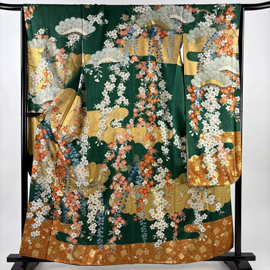 振袖禮服 身長159.5cm 袖長65.5cm M 雙層 吾妻德穗 落款あり 樱花 雲紋 金絲 金銀彩 綠 純蠶絲 名品級